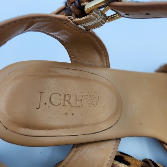 J Crew Womens 8 Calf Hair Leopard Low Block Heel Sandals Brown Black Open Toe - Picture 4 of 6